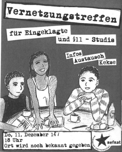 Einklage Auf dem Bild sind drei Menschen an einem Tisch zu sehen, darüber und darunter wird das Vernetzungstreffen angekündigt,